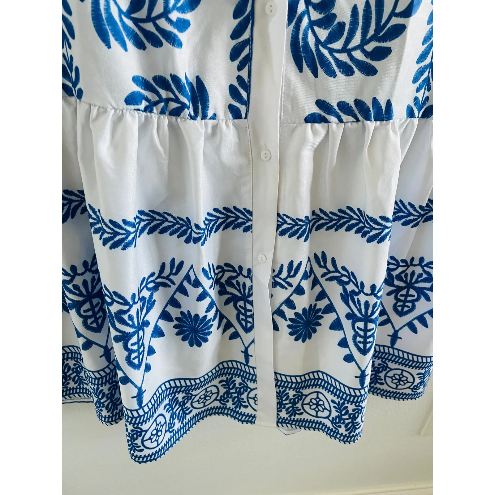Blue White Print Ruffle Midi Button Front Dress Size Small - Image 3