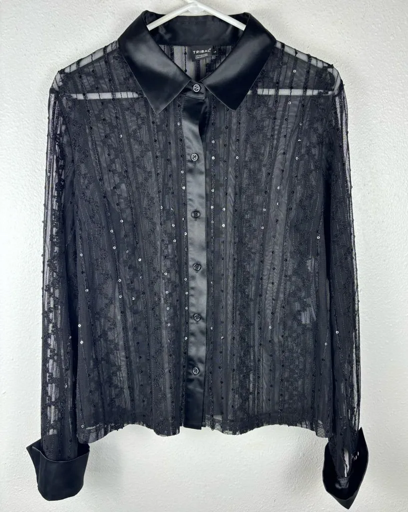 Tribal Size 14 Women's Black Sheer Mesh Sequin Button Up Collared Blouse Size M - Image 1