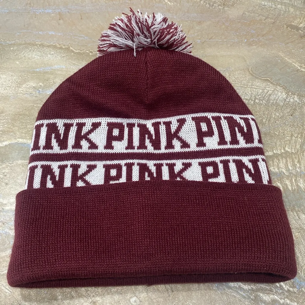 PINK Victoria's Secret Pom Pom Hat Knit Cap Maroon / See Pics & Read Description - Image 2