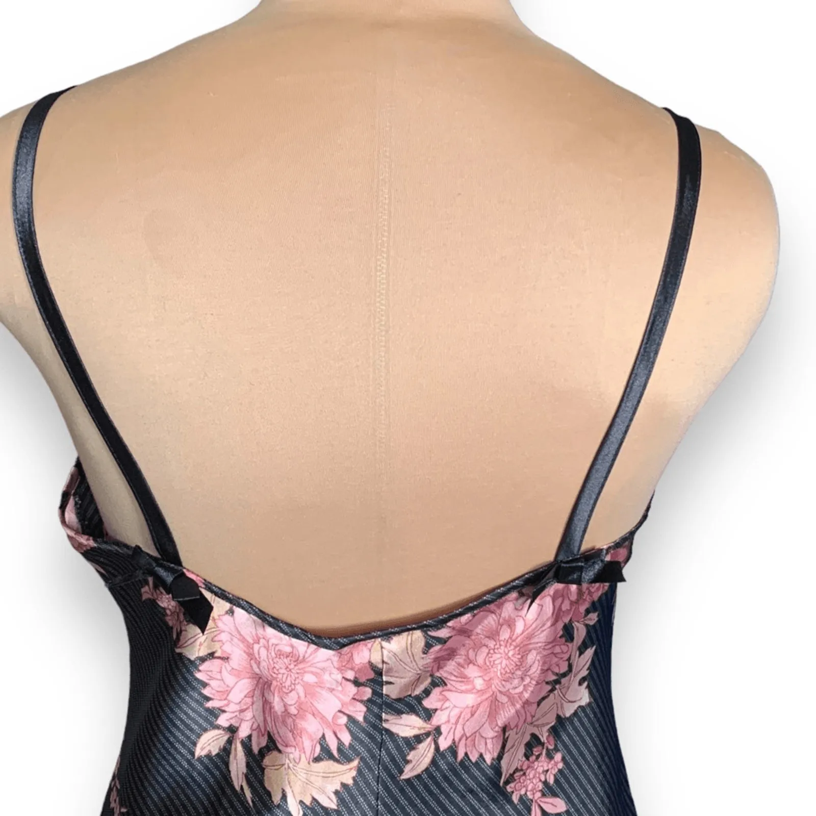 Vintage 90s California Dynasty Black Pink Floral Satin Slip Nightgown Dress Size M - Image 8