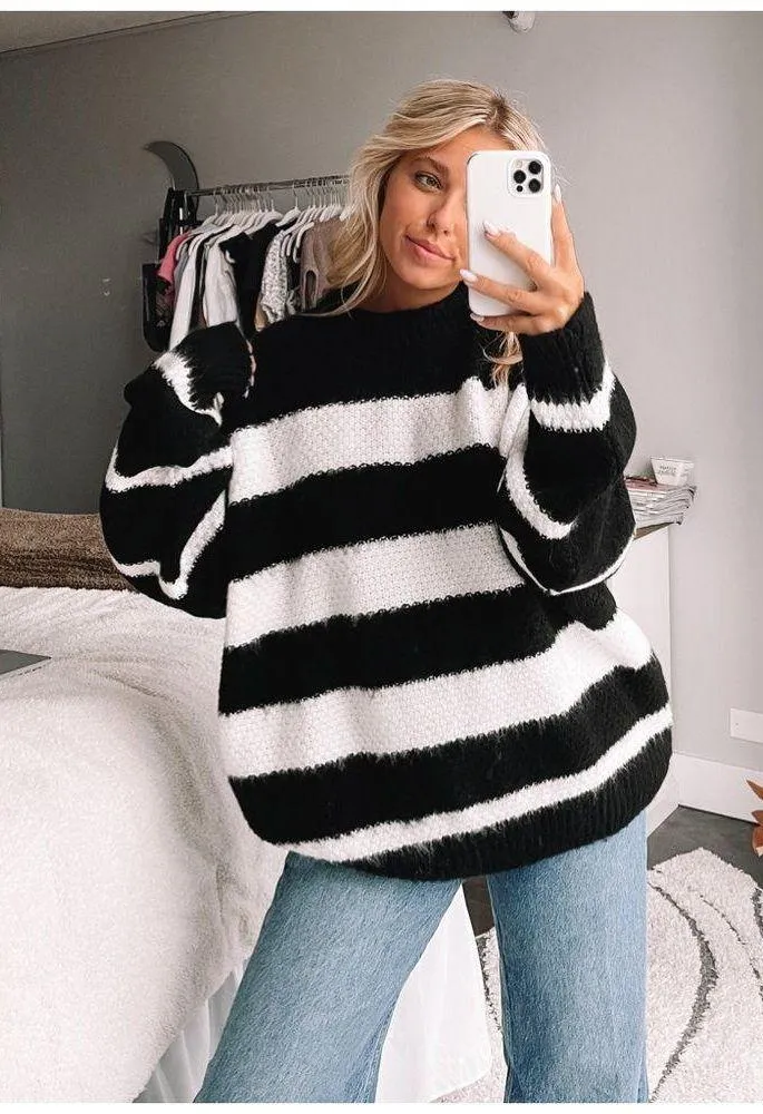 Black & White Stripe Knit Sweater - Image 2