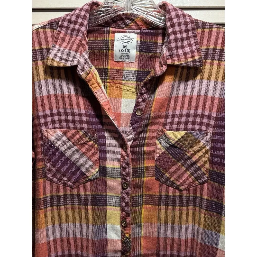Dickies Long Sleeve Flannel Shirt Purple/Pink/Orange Plaid Size‎ M (8/10) Cotton - Image 2
