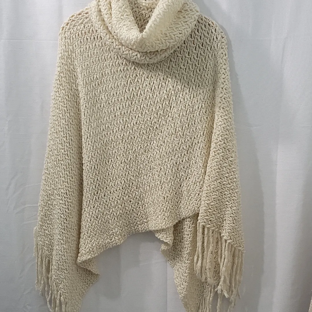 Steve Madden Ivory Knit Cowl Neck Poncho with Fringe - Image 2