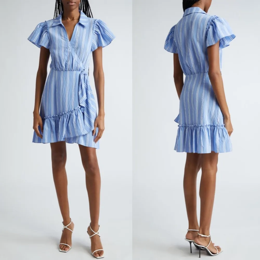 Cinq a Sept Lila Ruffle Stripe Wrap Mini Dress Oxford Blue Size 4 NWT - Image 3