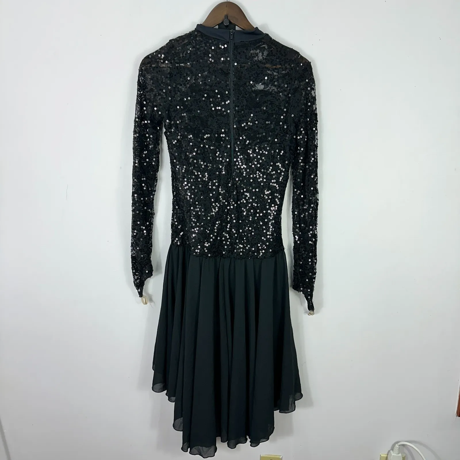 Weissman LA Black Sequin Mock Neck Dress L Asymmetrical Hem Dance Ballet Costume Size L - Image 2