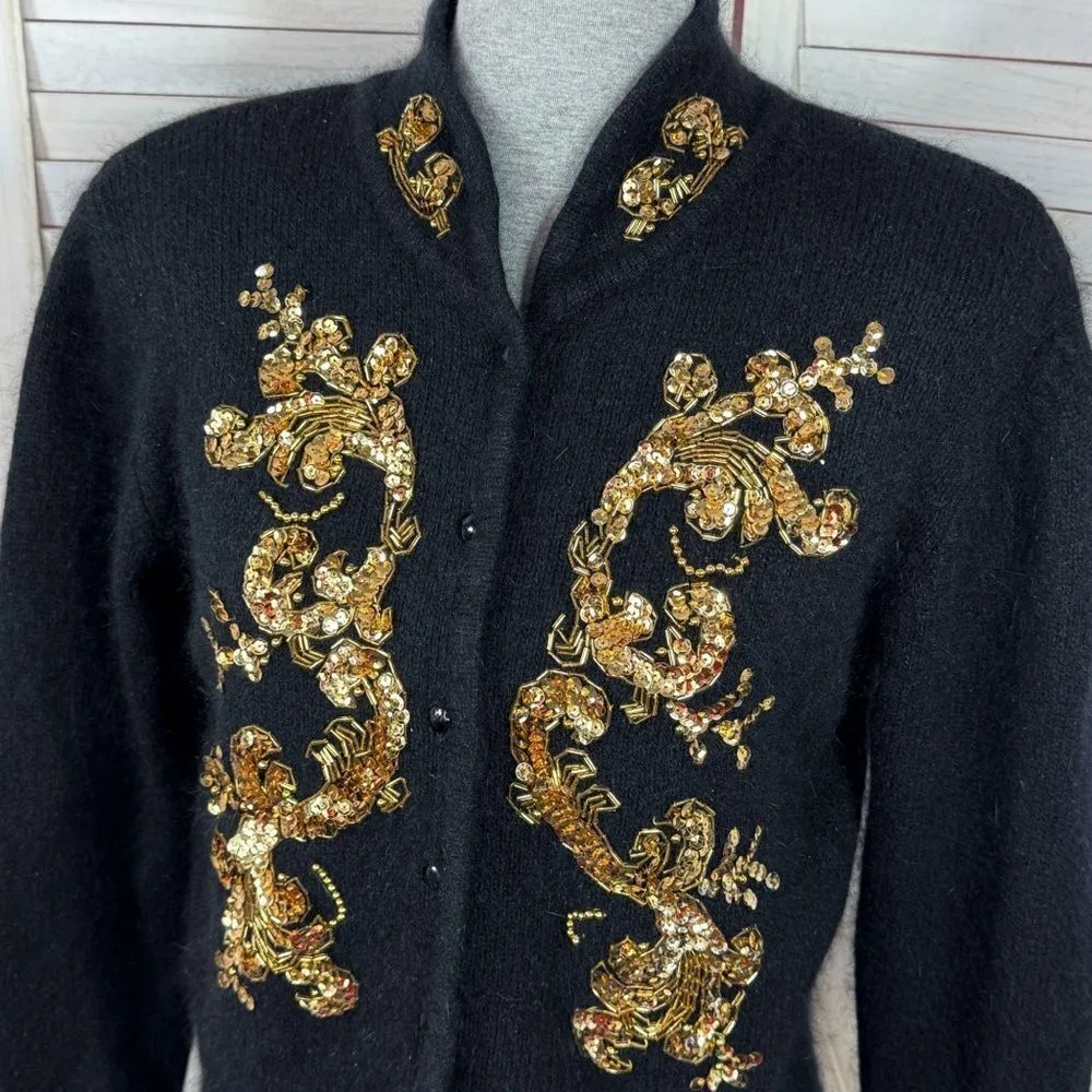 Vintage Karen Scott Sequin Fuzzy Angora Wool Cardigan Sweater Black Gold Medium - Image 5