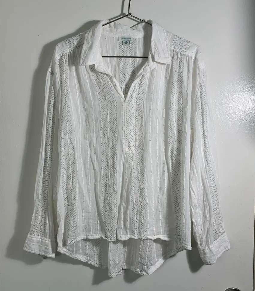 Sundance White, cotton gauze, Button-Up gray dot, long sleeve oversized shirt M - Image 1