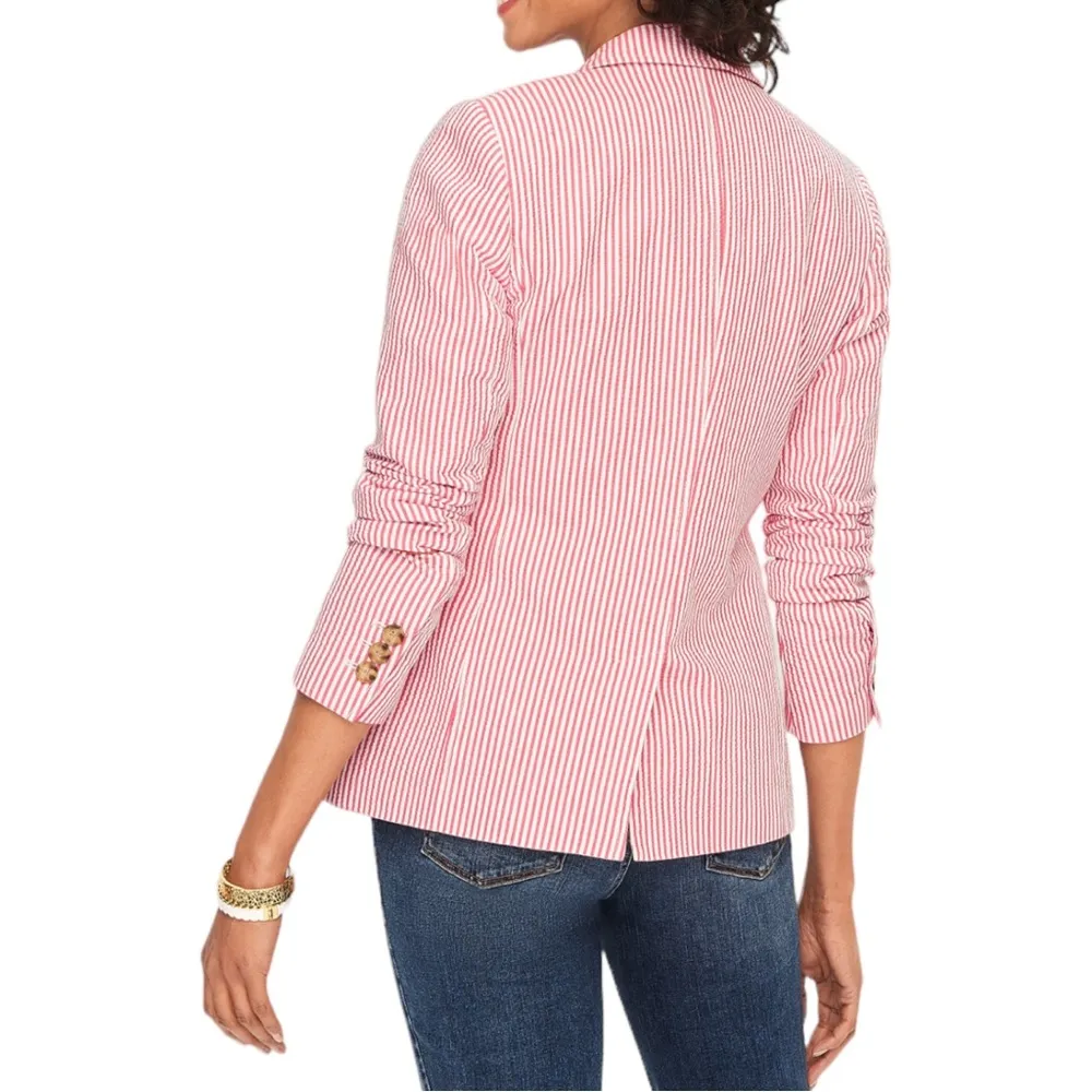 Talbots Size 8 Seersucker Blazer Jacket Coral White 2 Button Notched Collar - Image 2