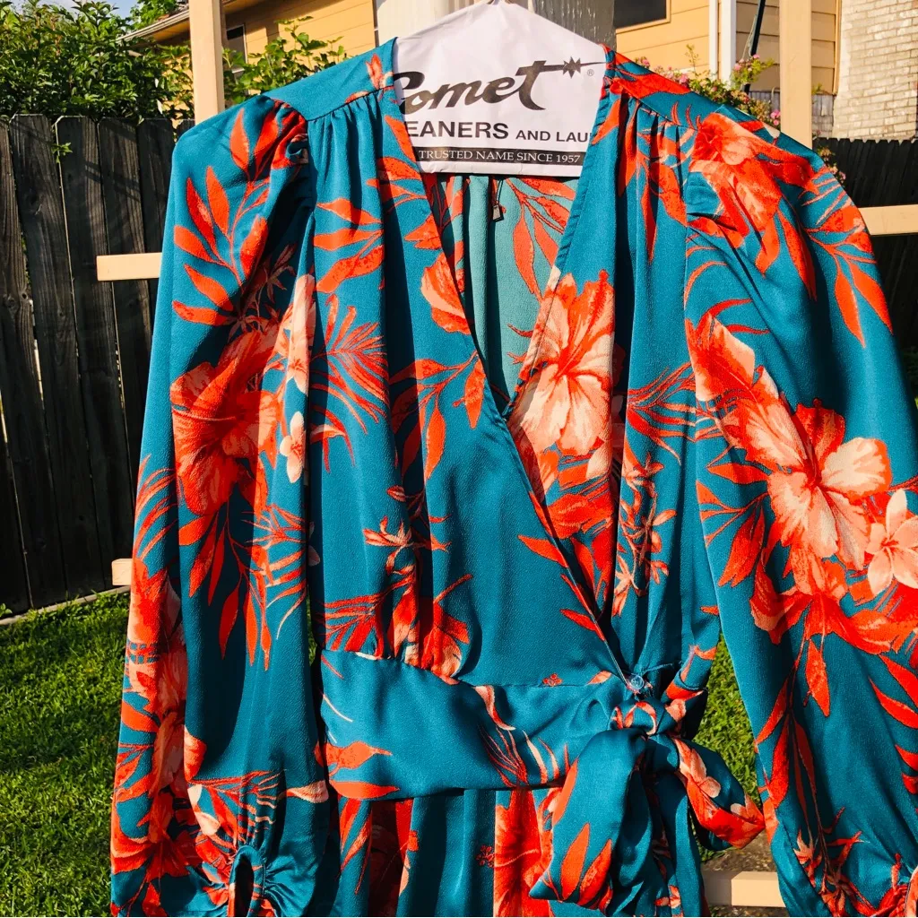 Sweet Lemon TEAL FLORAL SATIN WRAP SHORT DRESS Small Green - Image 5