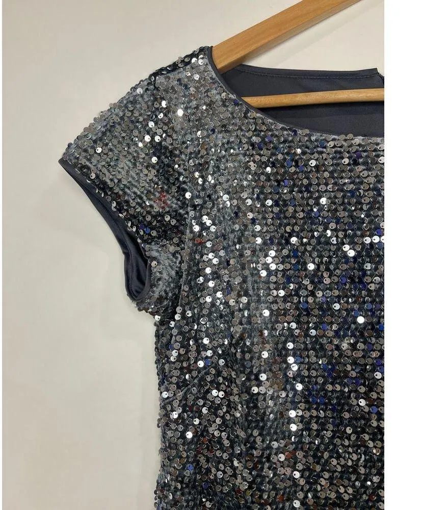 Eliza J Sequin Mini Velvet Sheath Dress Gray 8 Petite Prom Party Cocktail Disco - Image 3