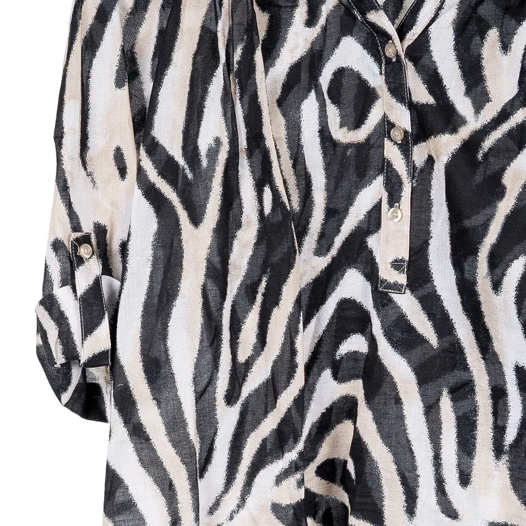 Westbound Zebra Print Shirt PL Petite L Sheer VNeck Black Cream Roll Tab Sleeve - Image 4