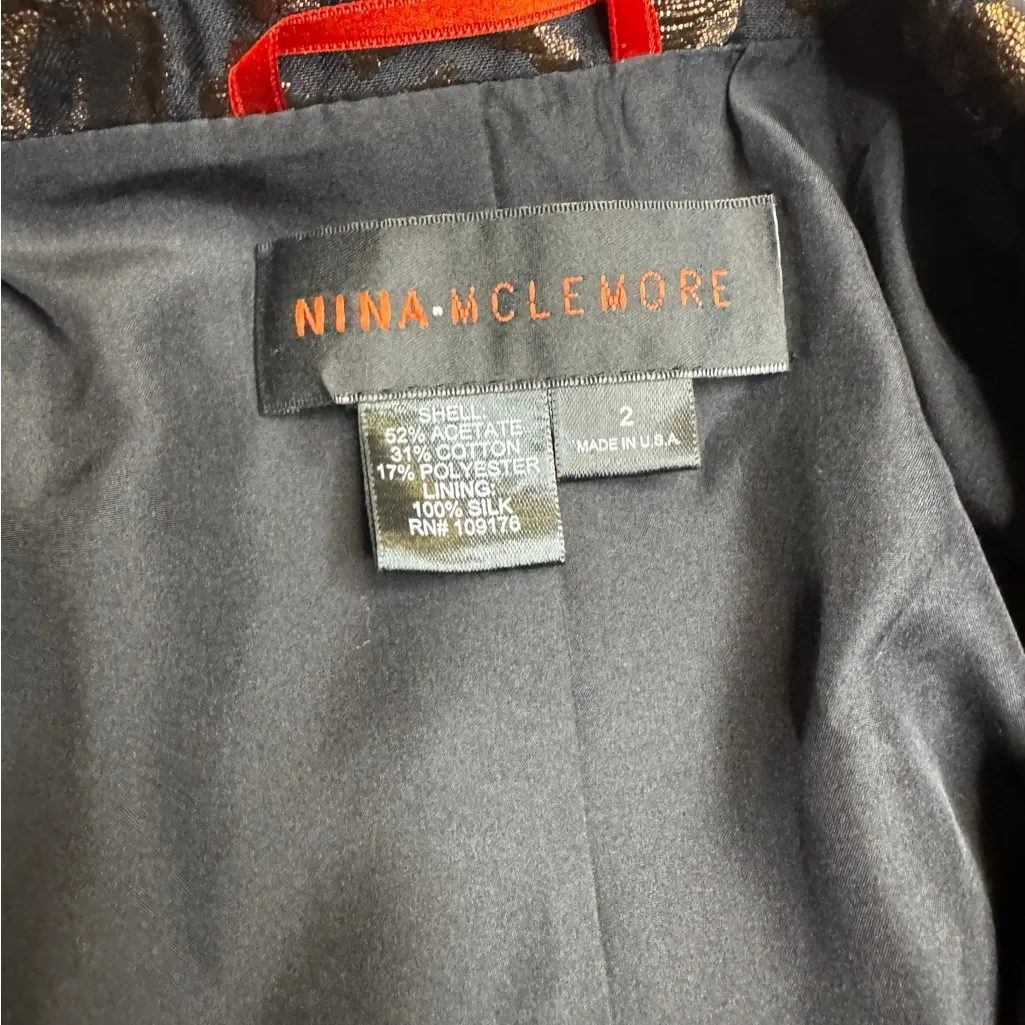 Nina McLemore Metallic Leopard Jacquard Blazer Jacket Black Gold Double Breasted Size 2 - Image 4