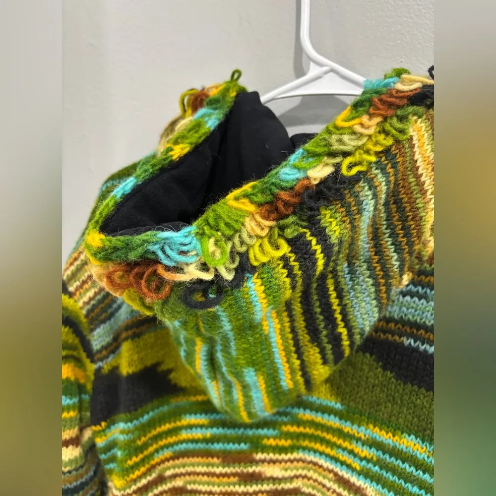 100% Wool Jacket Chunky Pixie Hood Knit Unisex Boho Fleece Lined Warm Cardigan Yellow Size L - Image 4