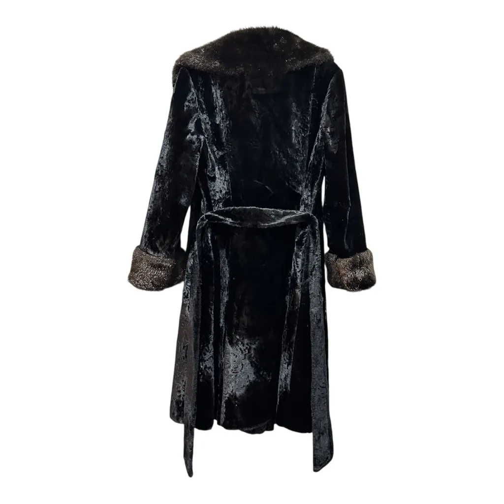 Vintage Betty Rose Black Faux Fur Plush Velvet Coat Belted Double Breasted - Image 4