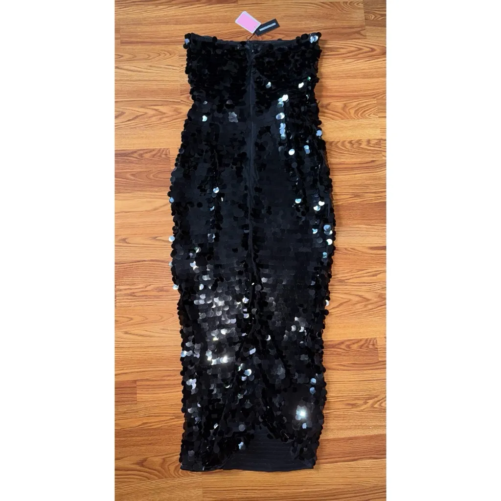 PrettyLittleThing Black Sequin Strapless Bodycon Maxi Dress Bandeau Size 12 - Image 7