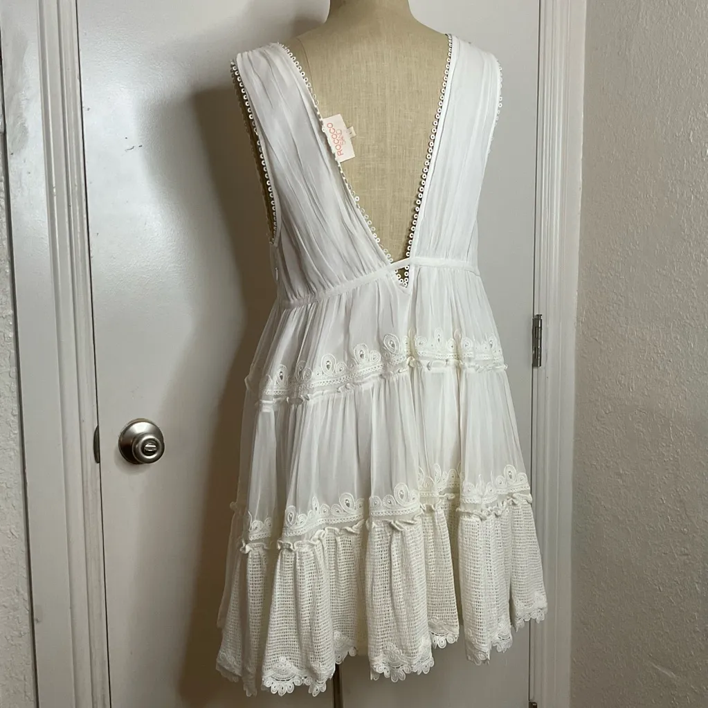 ROCOCO SAND White Ruffle
Babydoll Mini Dress Sleeveless Eyelet Size L - Image 5