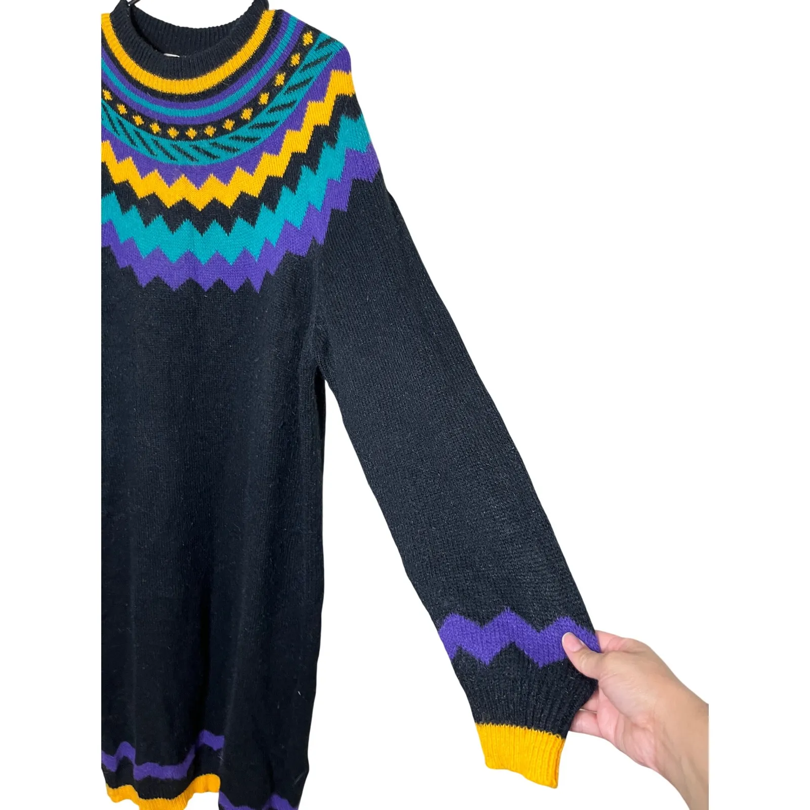 Stefano Sportswear Black Multi Color Geometric Fair Isle Knit Sweater Dress 20W - Image 4