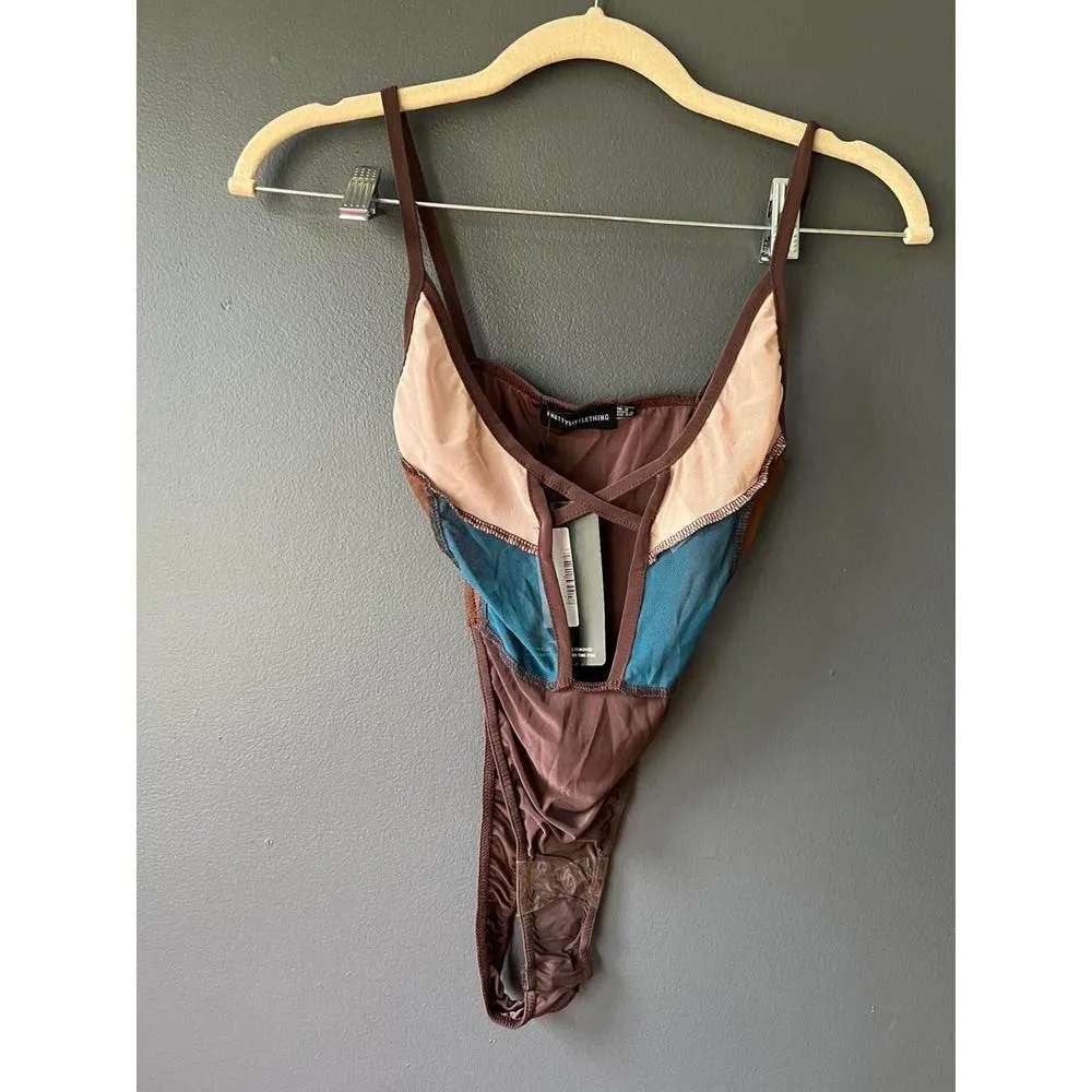 PrettyLittleThing Chocolate Brown /Teal  Lace Up Bodysuit - UK Size 8 - Image 3