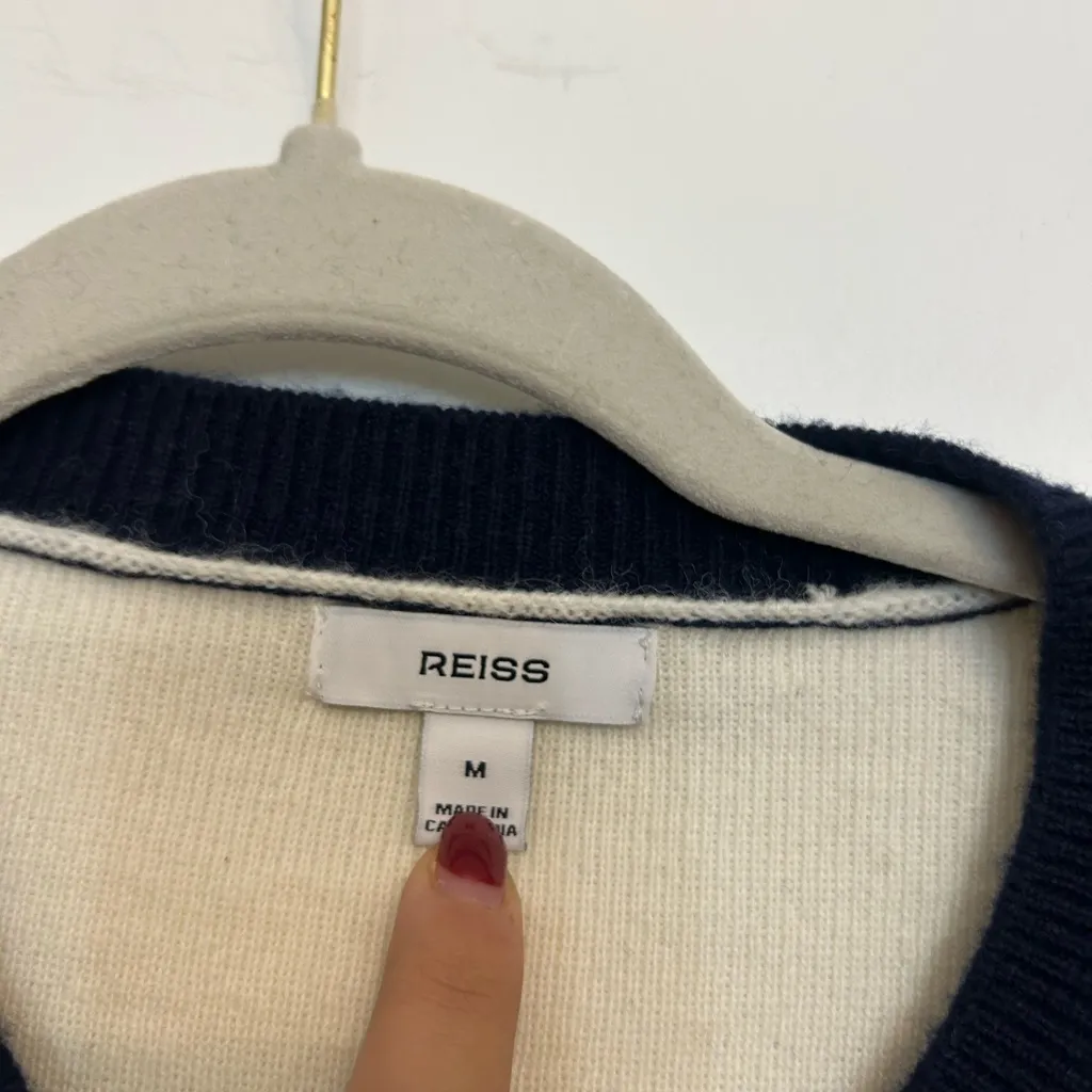 REISS Olive Wool-Cashmere Crew-Neck Cardigan in Cream/Navy - Image 3