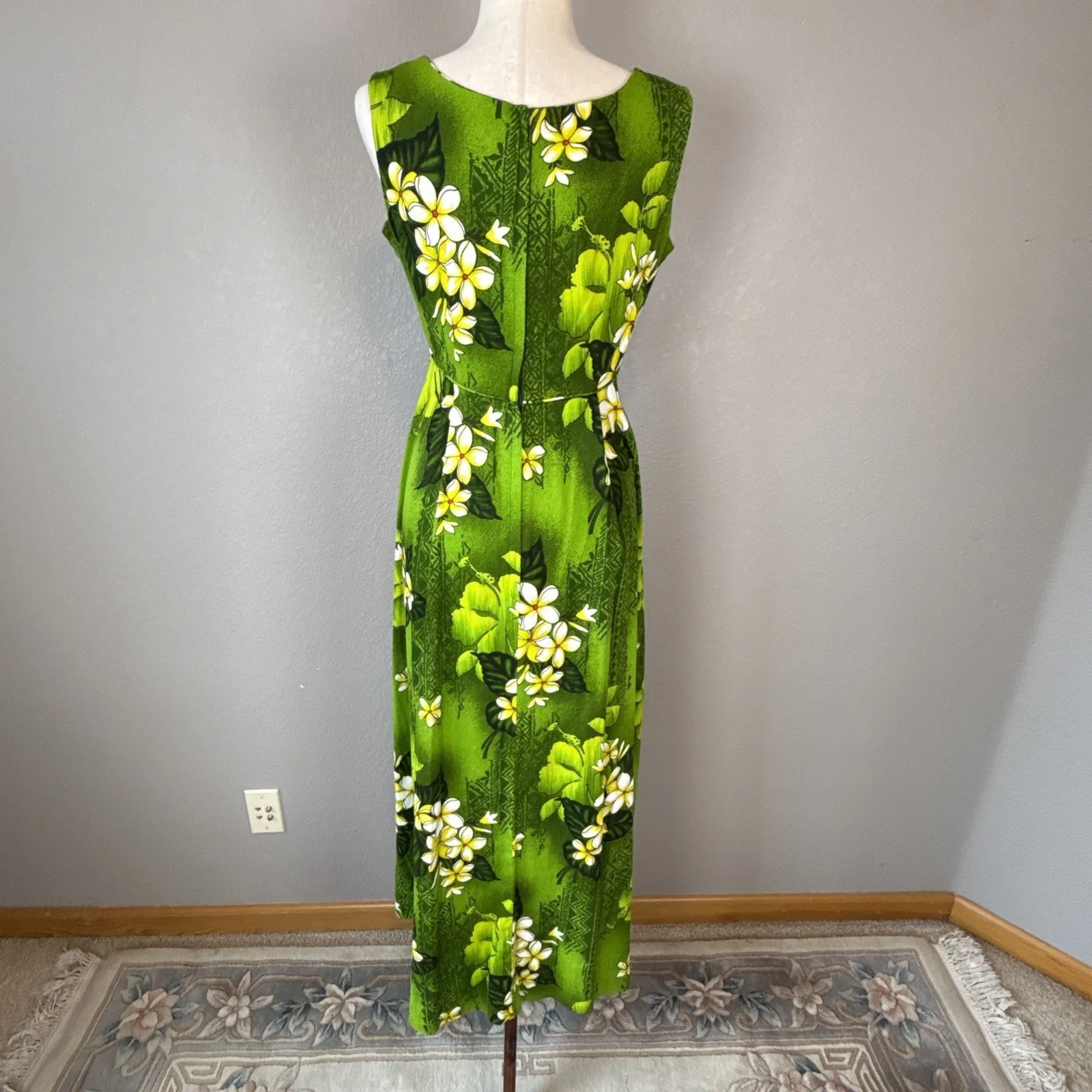 Vintage Royal Hawaiian Green Tropical Tiki Floral Barkcloth Maxi Dress Size XS/S - Image 5
