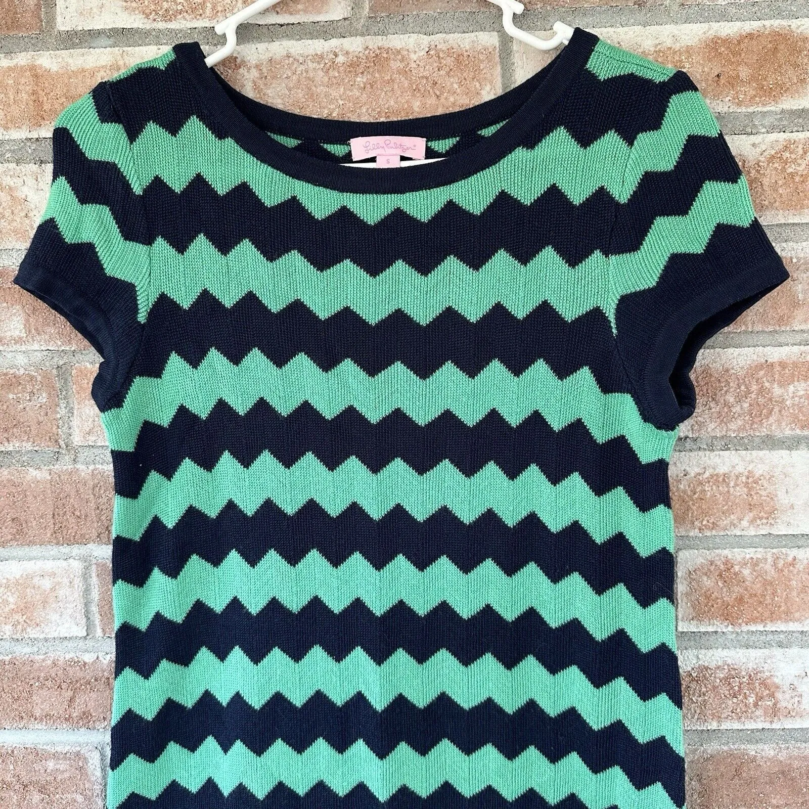 Lilly Pulitzer Chevron Merino Wool Shift Sweater Dress Navy Green Small - Image 3