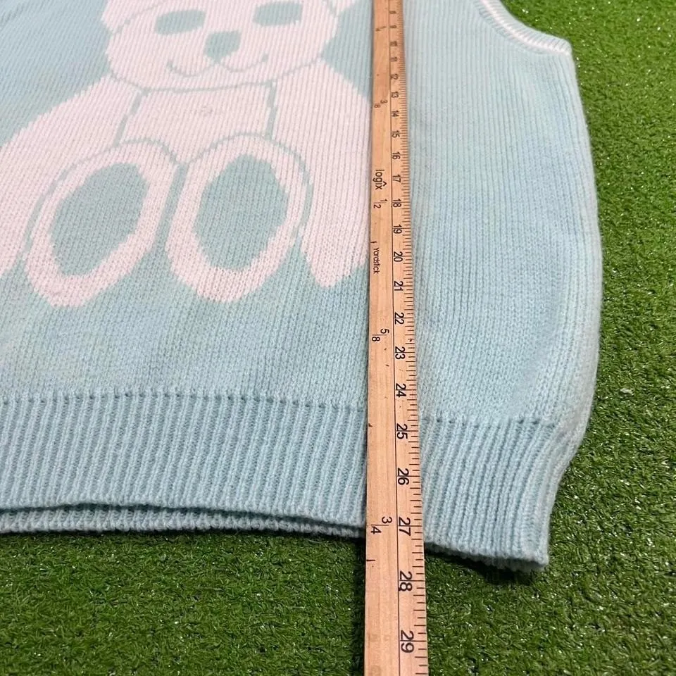 Vintage Retro Baby Teddy Bear Knitwear‎ Sweater Vest Pastel Blue Kidcore Size L - Image 4