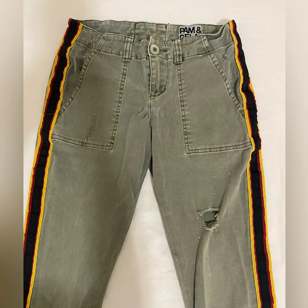 PAM AND GELA Army Green Striped Side Distress Pants Womens Size 24 - Image 4