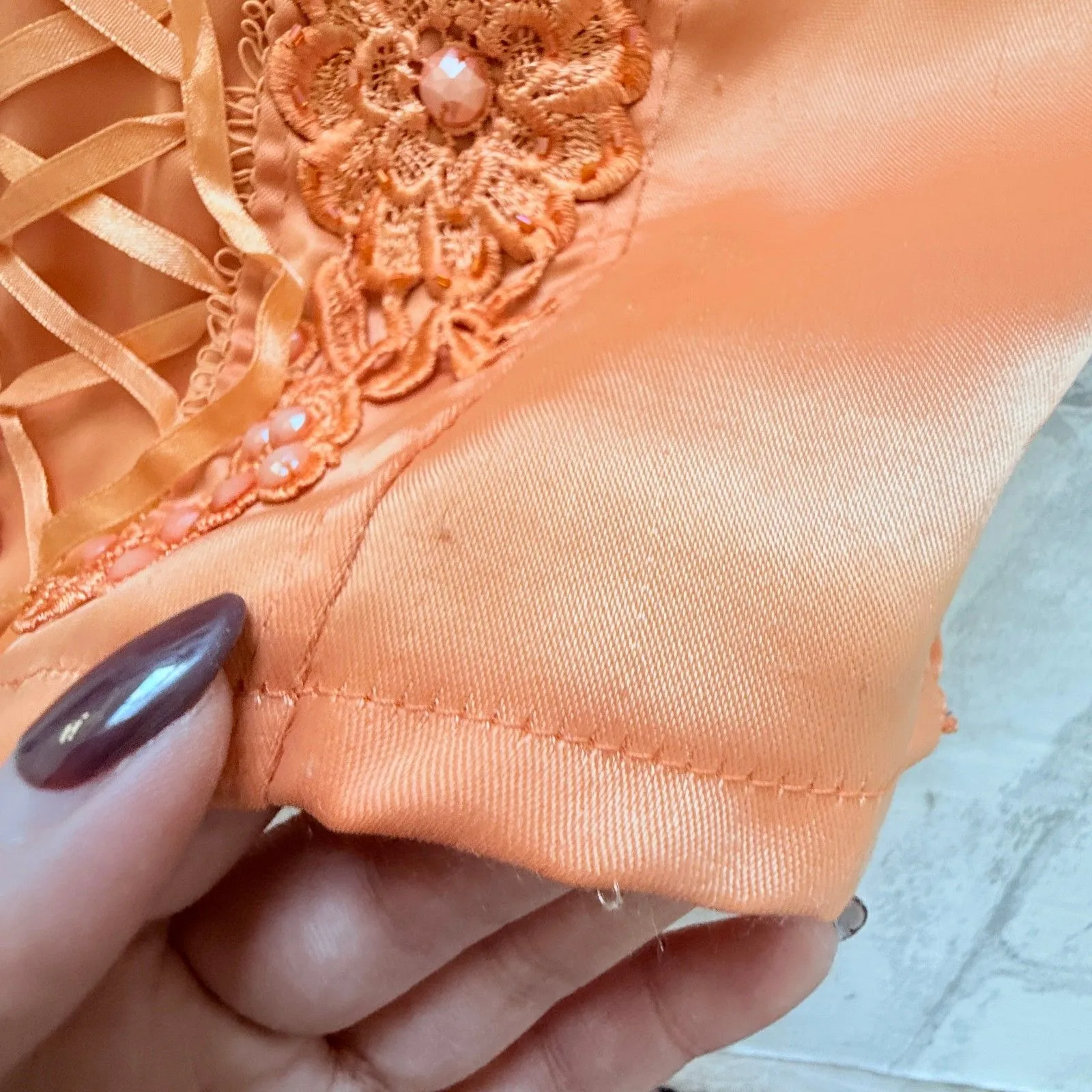 VTG Y2K Orange Satin Lace Applique Ribbon Detail Corset Bustier Top Bridgerton Size undefined - Image 7