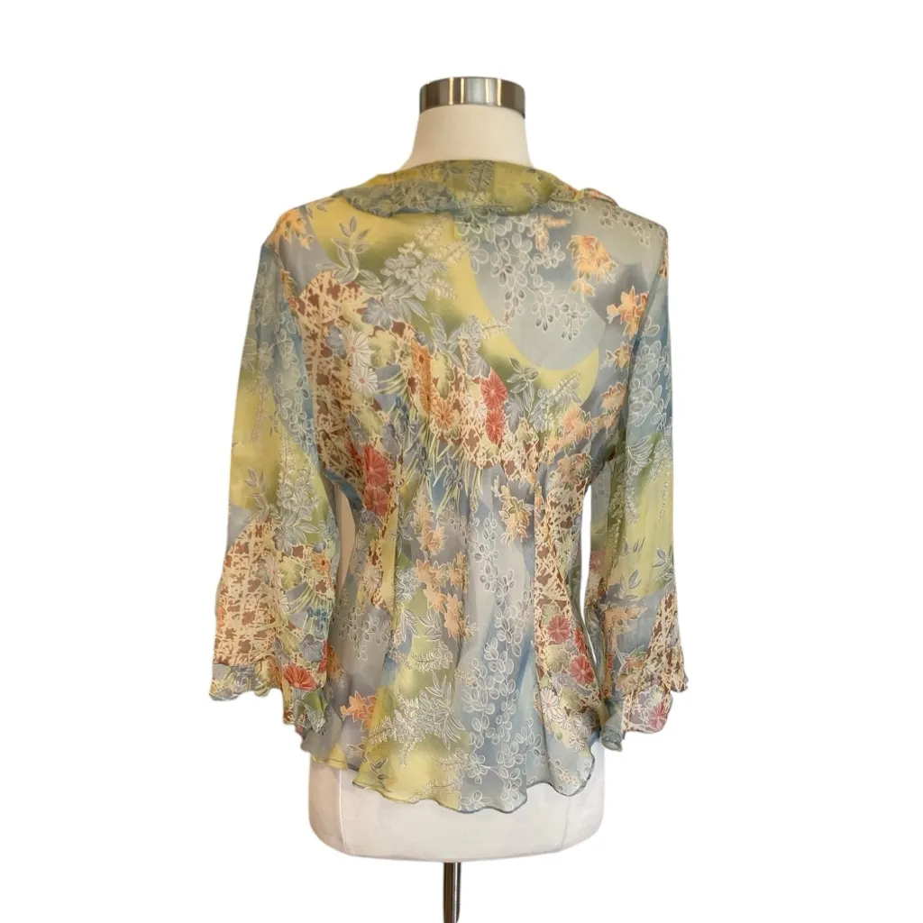 Y2K Silk Floral Ruffle Blouse Fairycore Sheer Top Size XL - Image 7