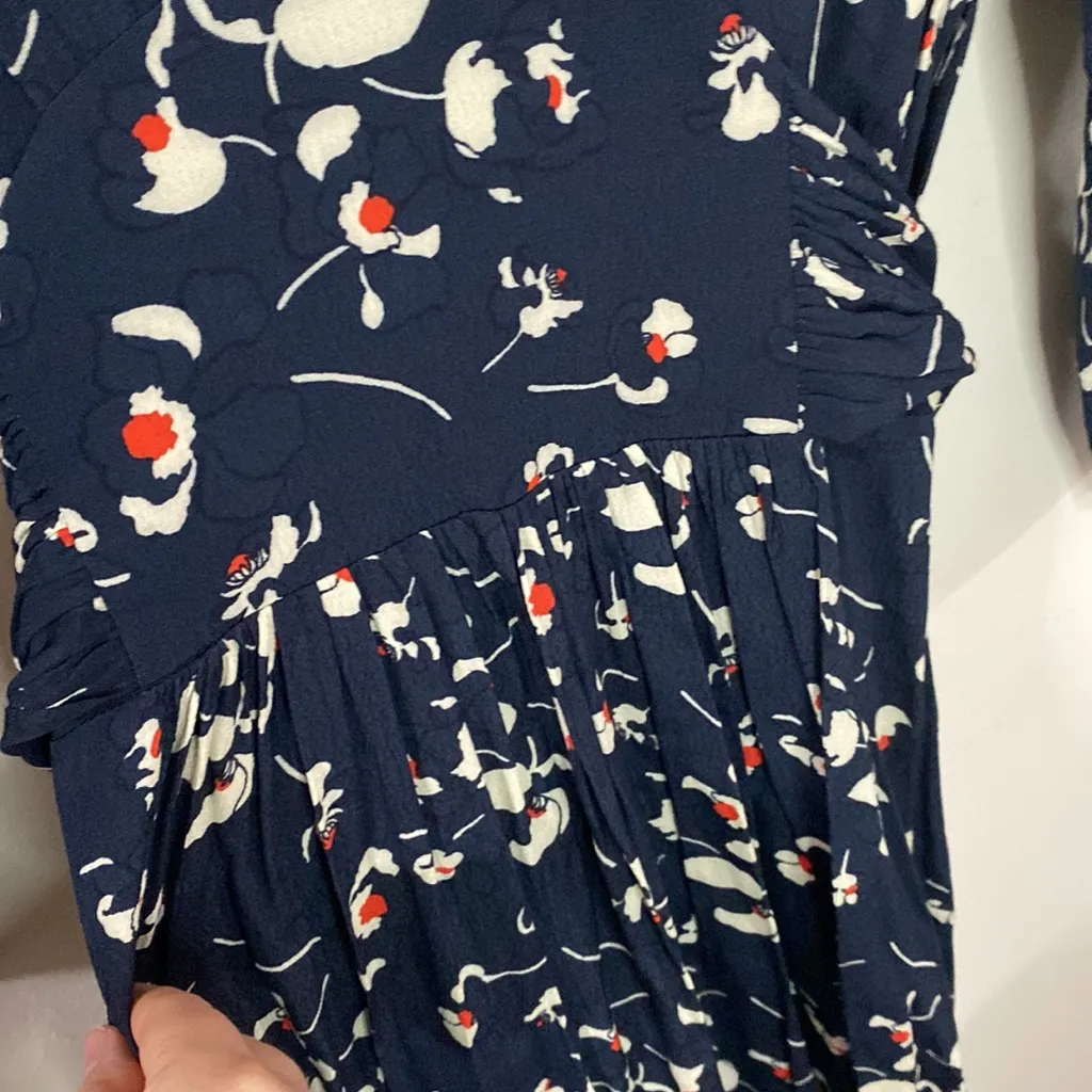 BA&SH Silia shirred tie-waist floral print crepe asymmetric hem midi dress sz 4 - Image 11