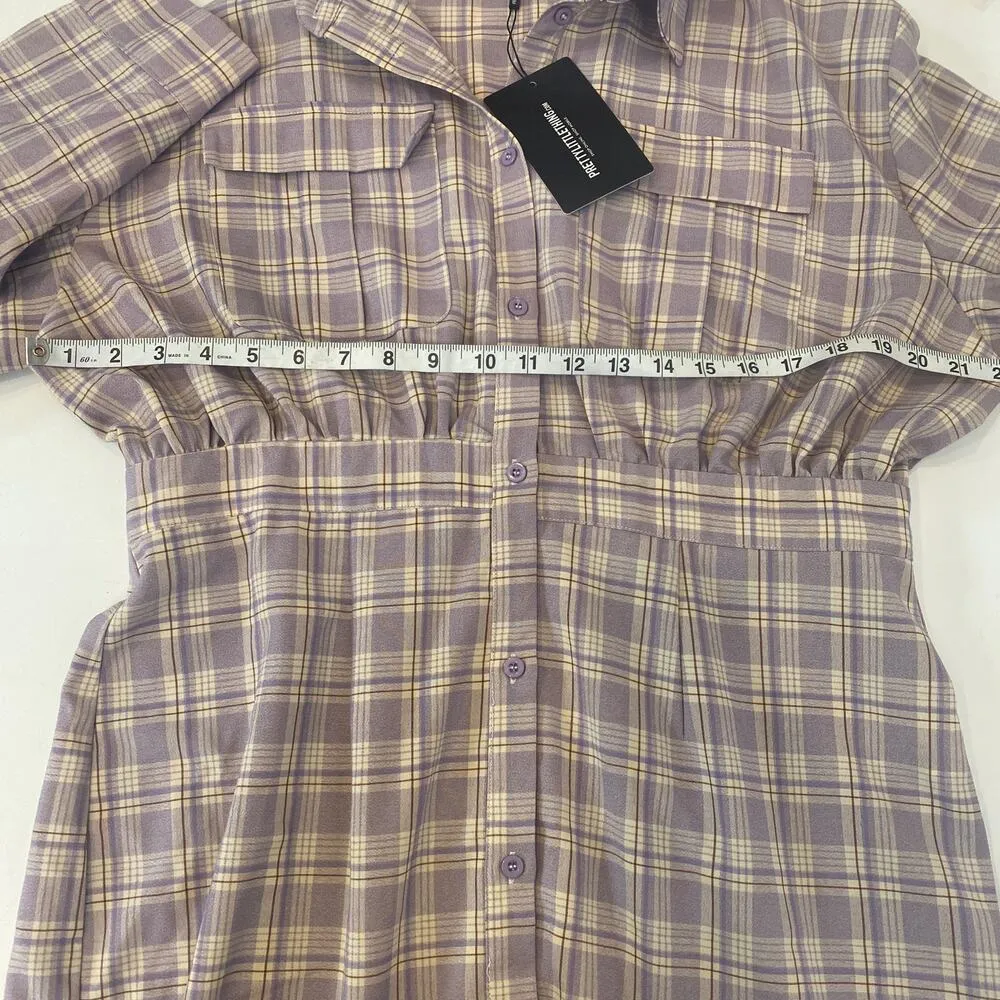 Pretty Little Thing Plaid Long Sleeve Button Down Lilac Shirt Dress NWT Sz 16 - Image 8