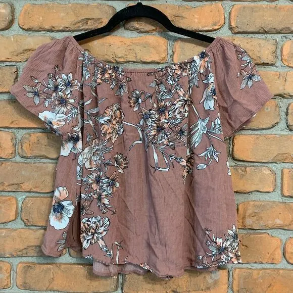 Iris  Top Women's Size Small Pink Floral Print Off-Shoulder Ruffle‎ Blouse Summer - Image 2