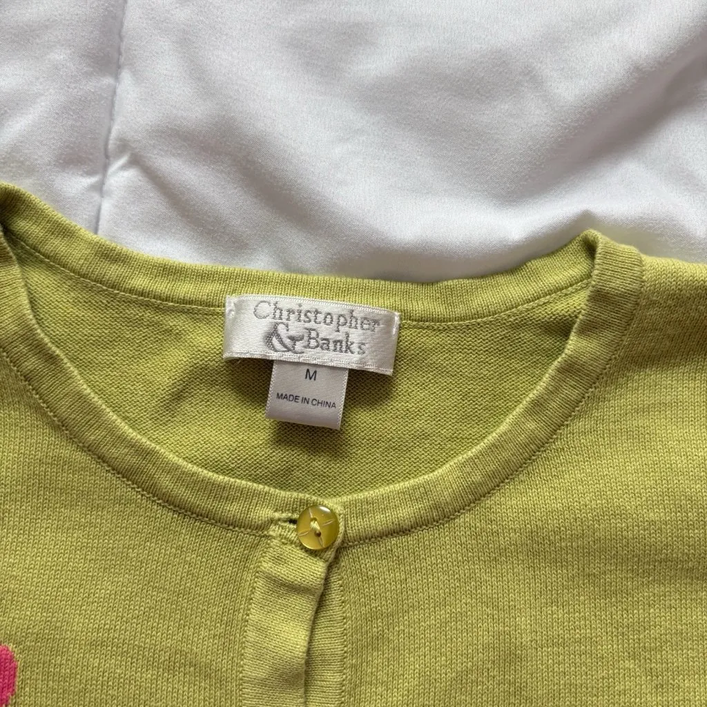 Vintage Y2K Retro Womens Medium 3/4 Sleeve Tropical Pineapple Floral Cardigan Green - Image 2