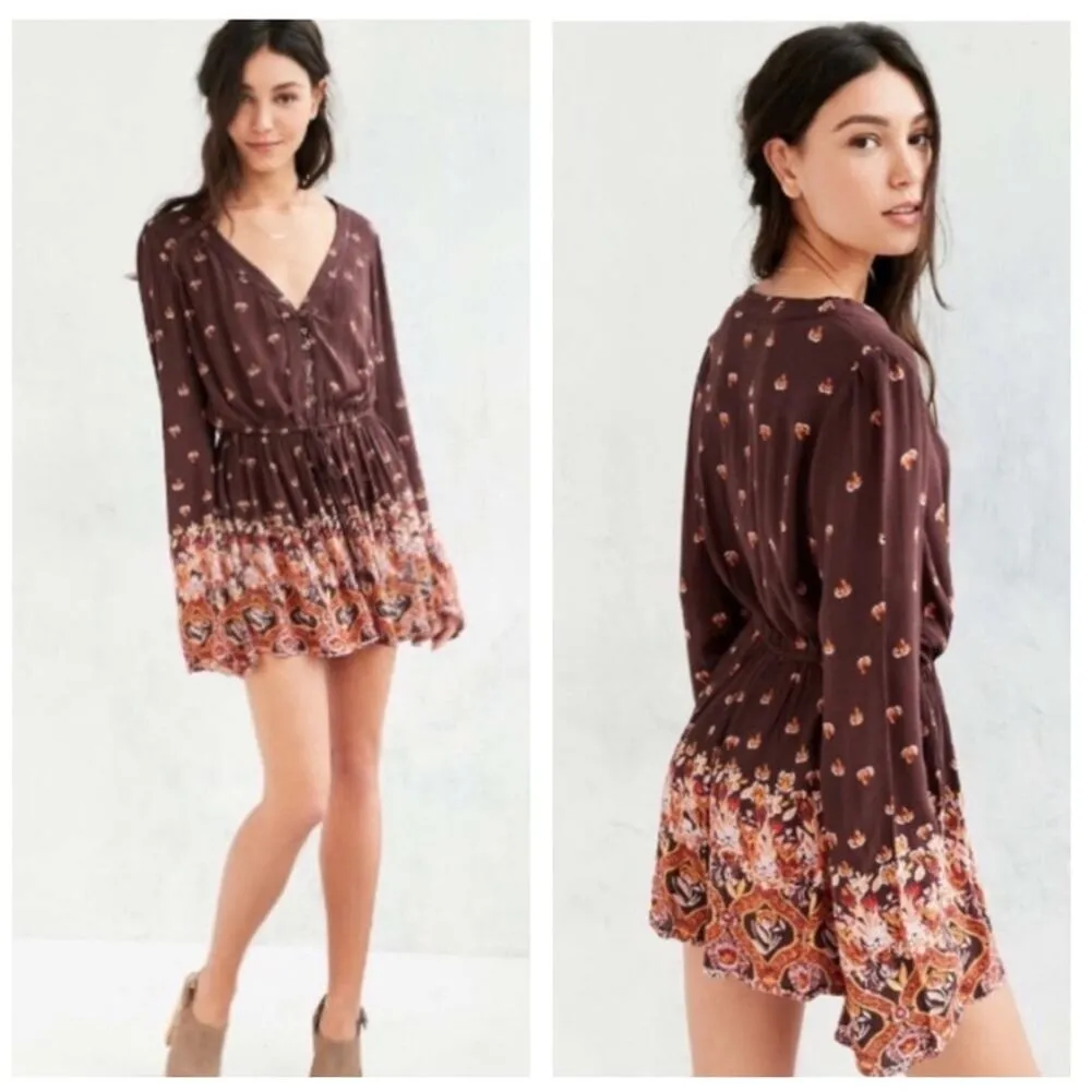 Urban Outfitters Ecote Helena Romper Small Brown Floral Boho Bell Sleeve - Image 12
