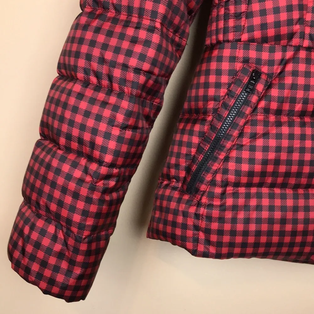 Talbots Women’s Down Filled Plaid Red Black Faux Fur Hood Zip-Up Puffer Jacket - Image 5