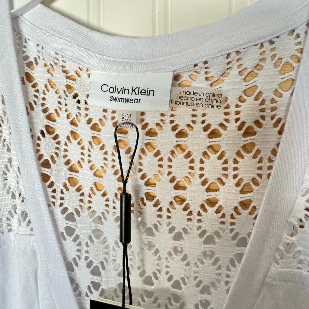 New CALVIN KLEIN Crochet-Shoulder Tunic Cover Up Dress White Small/Medium - Image 6
