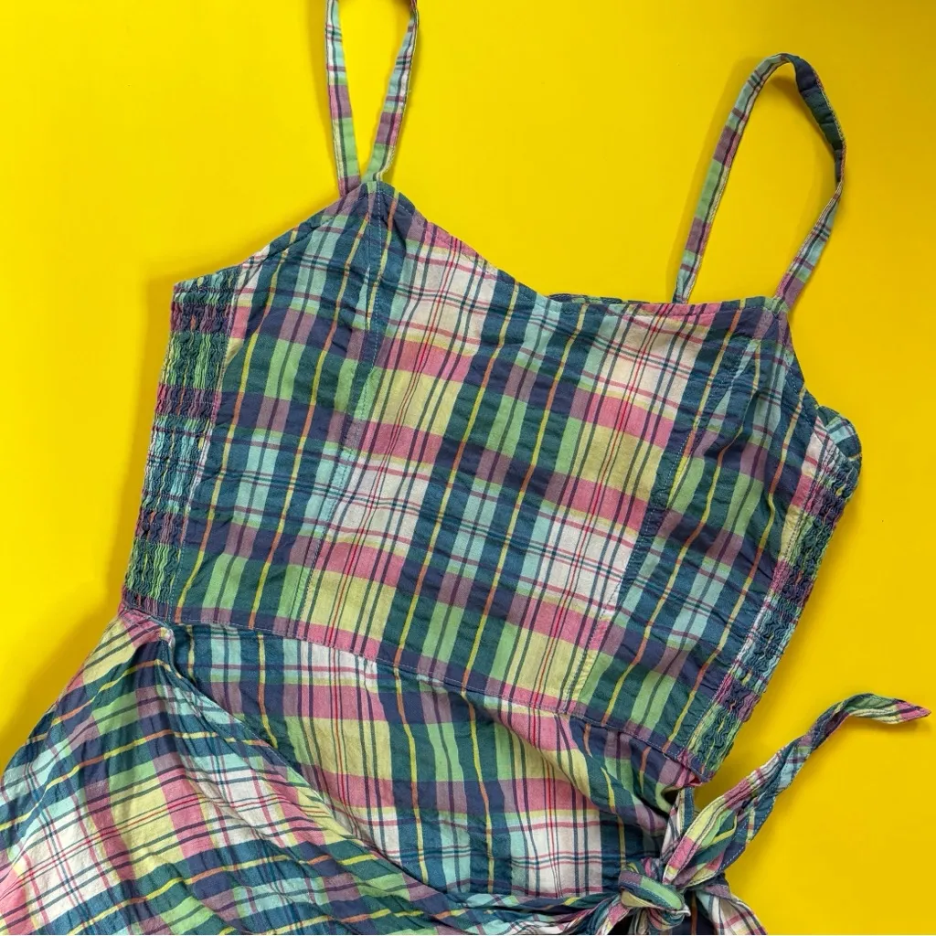 Vintage 90s Plaid Calvin Klein Sleeveless Smocked Wrap Dress - Image 2