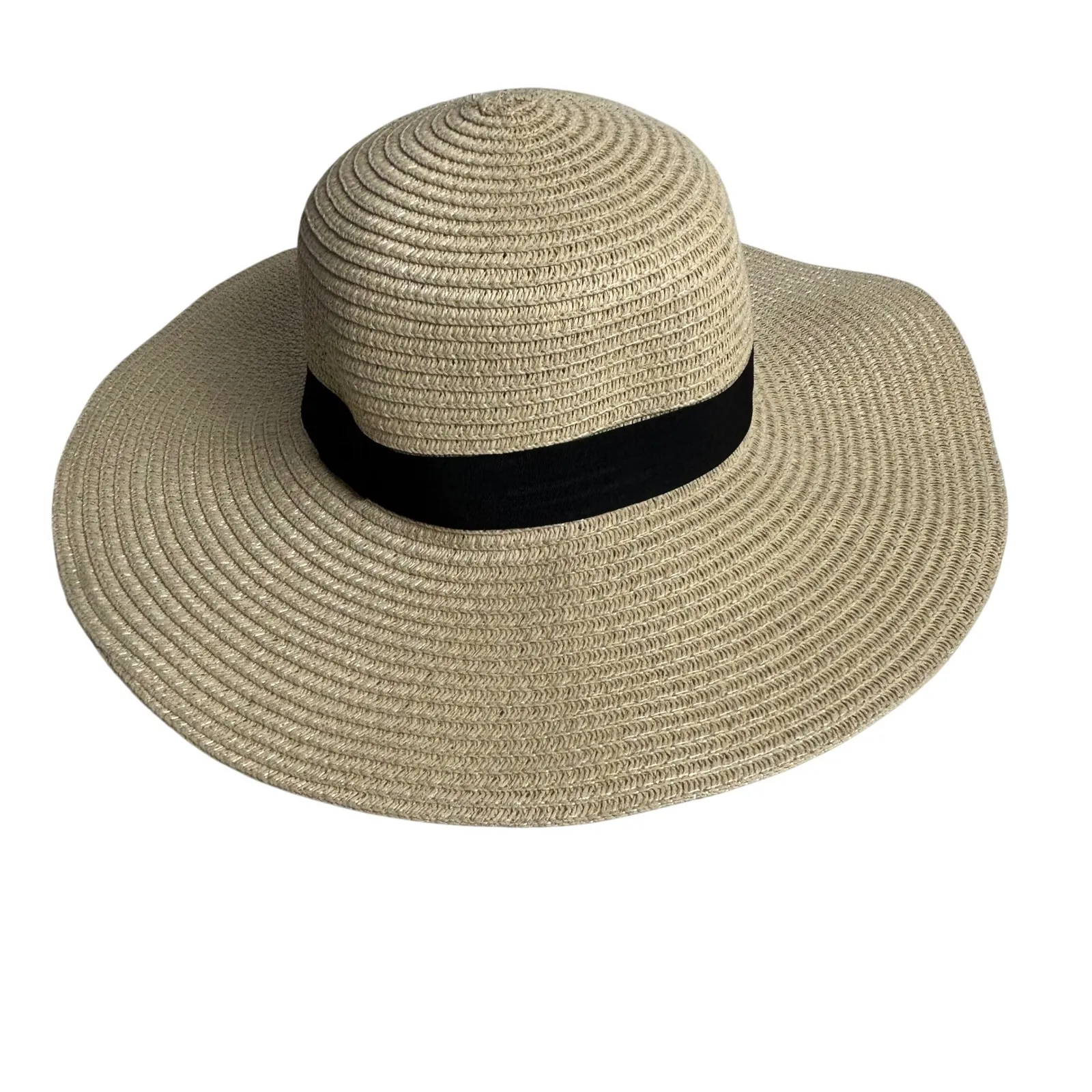 Wide Brim Straw Sun Hat Floppy Beach Vacation Fedora Black Band Tan - Image 4