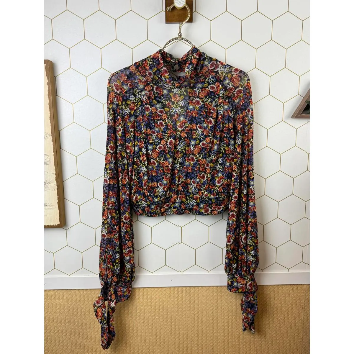 Free People All Dolled Up Black Floral Mesh Crop Top - Size - XS - Image 7