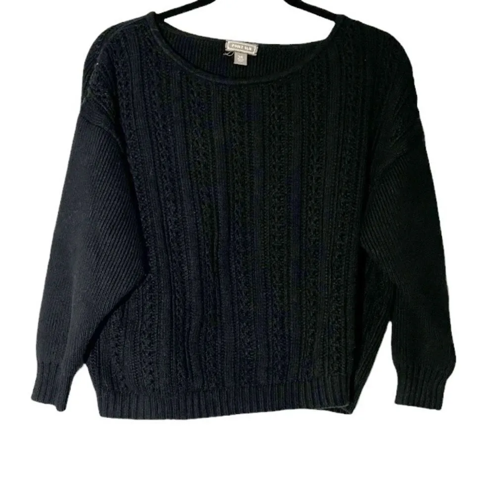 J Crew Point Sur Black Cotton Pointelle Knit Drop Shoulder Sweater Size XS - Image 6