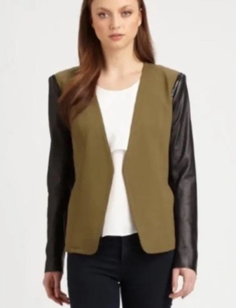Theory Yaisa Pryor Leather Sleeve Blazer Jacket Olive Green & Black Large - Image 16