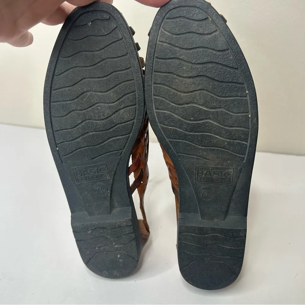 Vintage 90s y2k 2000s fisherman leather Brown Leather Cutout Flats shoes 7.5 - Image 11