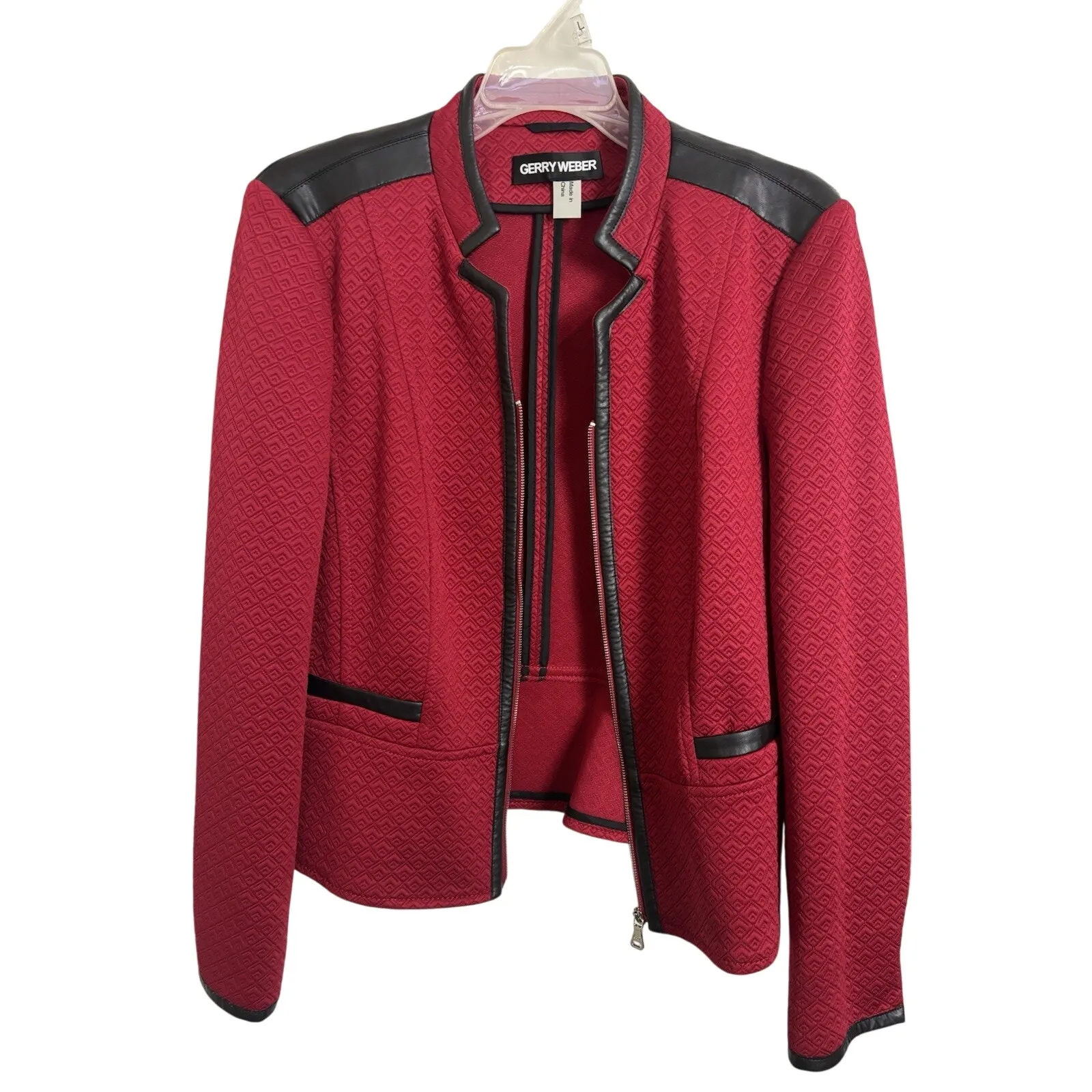 Gerry Weber Red Black Quilted Faux Leather Jacket Size 8 Office Siren Moto - Image 2