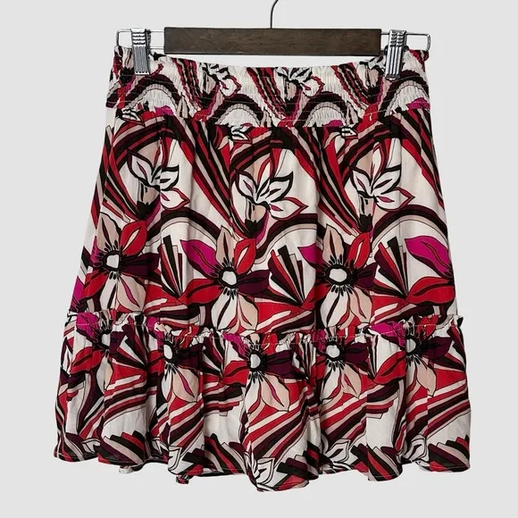 Anthropologie Floral Print Ruffle Tiered Mini Skirt‎ Red Pink Size S Boho - Image 4