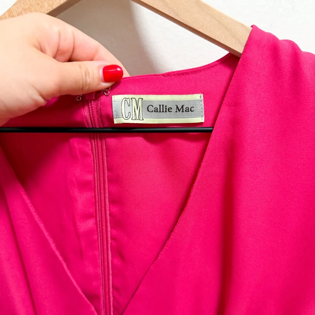 Vintage hot pink fuchsia barbiecore coquette v neck dress ruffle sleeve small - Image 3