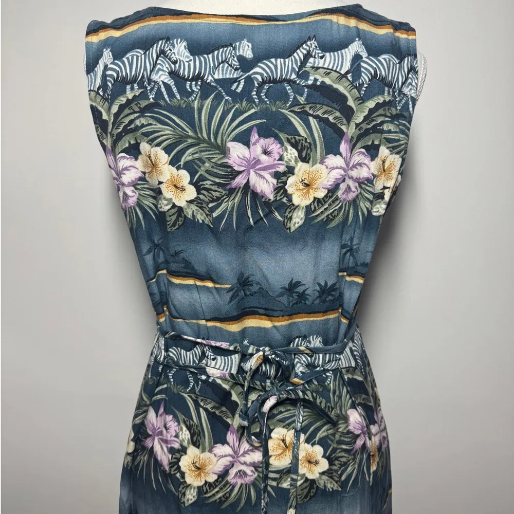 Vintage 90s Teddi Maxi Dress M Tropical Print & Zebras Sleeveless Tie Hawaiian Blue Size M - Image 5