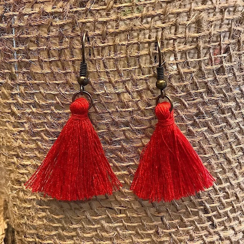 Red Gold Tassel Earrings Festival Party NEW Handmade USA - Image 2