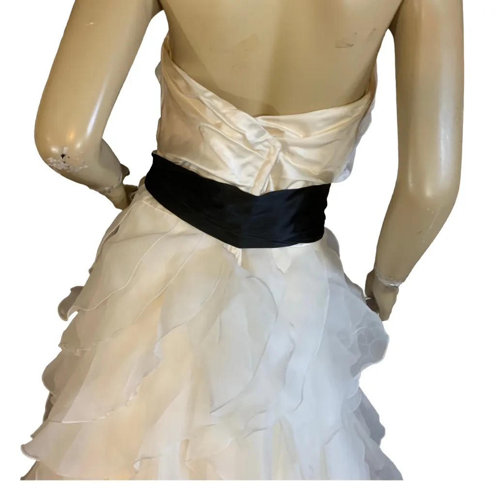 PALOMA BLANCA IVORY SILK & BLEND RUFFLED STRAPLESS GOWN W/BLACK SASH (18) Black - Image 10