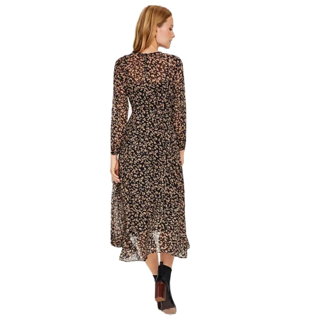 Tommy Hilfiger Crossover Hem Black Tan Floral Midi Dress Sheer Chiffon Size 8 - Image 4