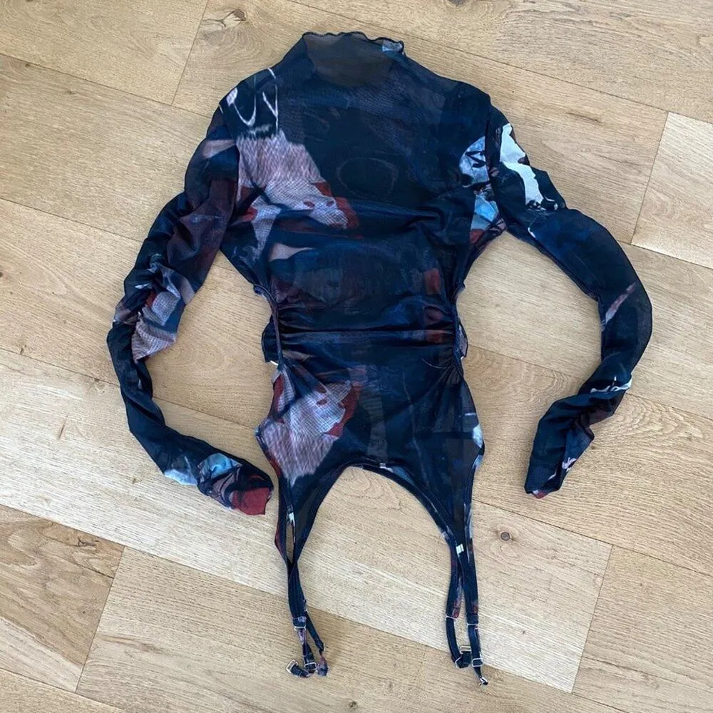 Sheer Mesh High Neck Suspender Belt Long Sleeve Body Top in Black Multi Blue - Image 4